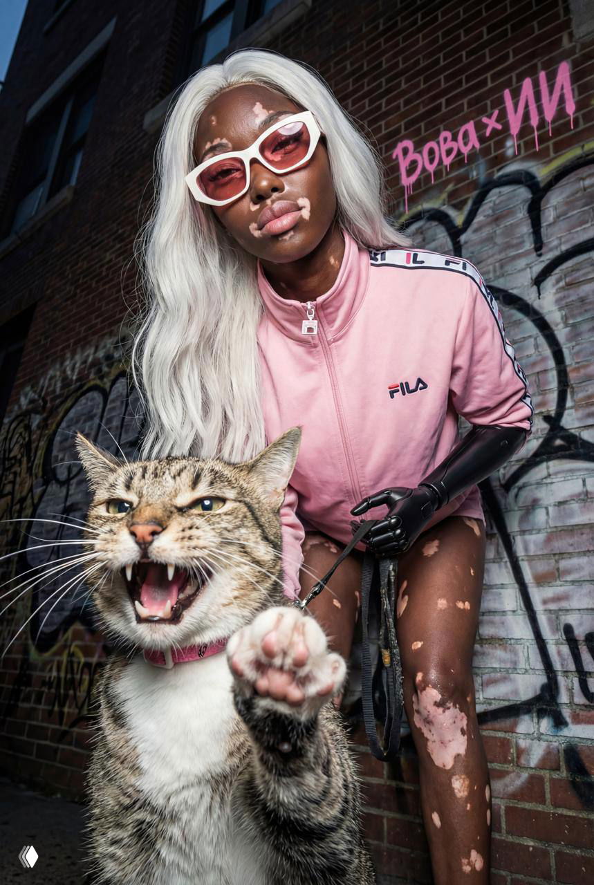 Модель с витилиго в розовом спортивном образе присела рядом с рычащим котом — кадр с крупным планом и активной мимикой животного.