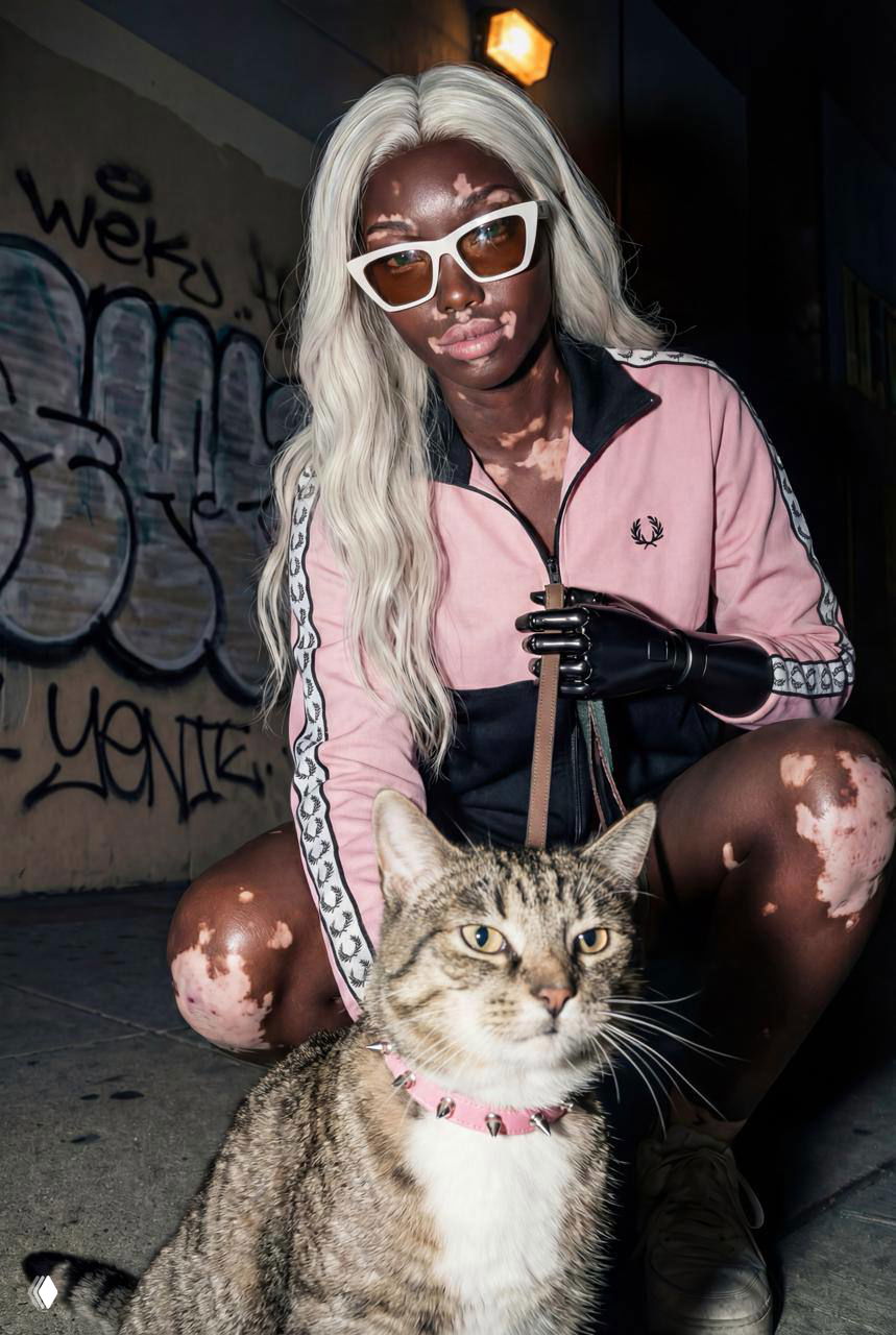 Репортажная фотография: модель в розовой толстовке и белых очках позирует с котом на тротуаре вечером у граффити.