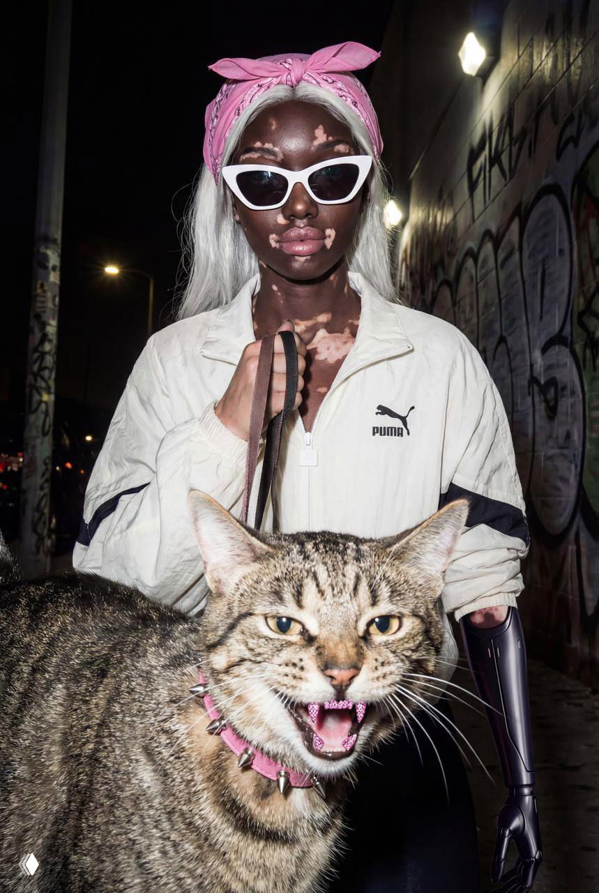 Фотография в ночной уличной эстетике: модель с витилиго в светлой куртке держит поводок, крупный кот в переднем плане шипит.