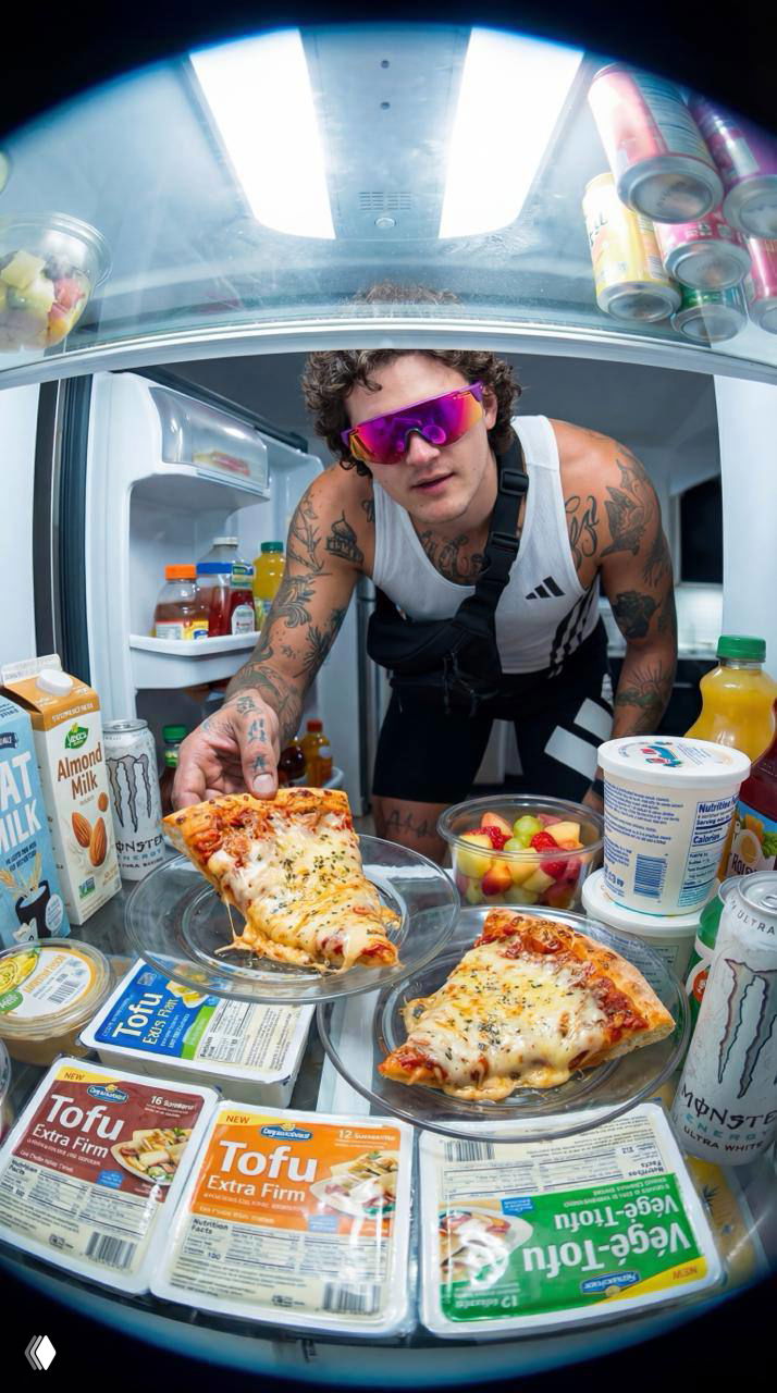 Кадр из холодильника, взгляд изнутри на мужчину, тянущегося за кусочком пиццы, на полках видны упаковки тофу, напитки и закуски — стилизация повседневной сцены.