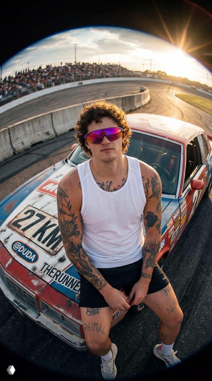 Мужчина сидит на капоте гоночной машины на треке при закатном свете, кадр с широким углом, атмосферная стилизация и кинематографичное освещение.