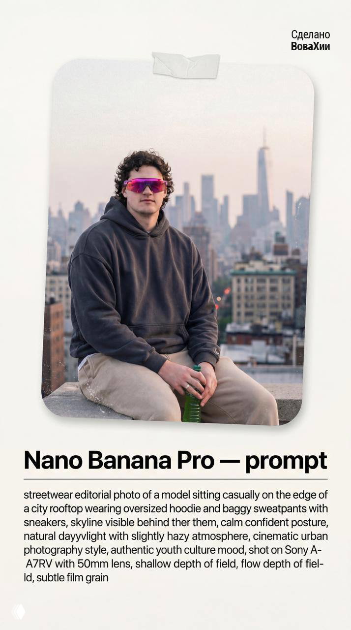 Редакционный портрет модель‑на‑кровле с городским пейзажем на заднем плане, расслабленная поза и яркие очки — атмосферный городской реализм промта.