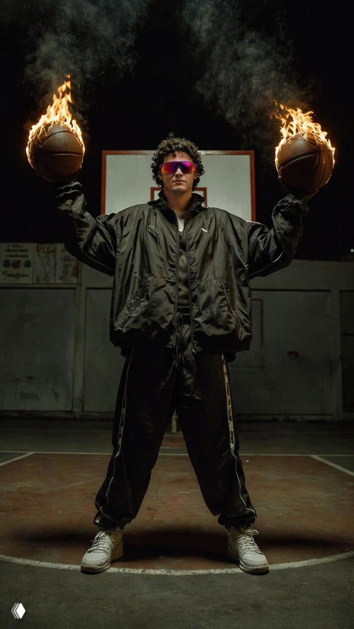 Мужчина в тёмной куртке стоит на баскетбольной площадке, в руках два горящих баскетбольных мяча — драматичная сцена с контрастным светом и киношной атмосферой.