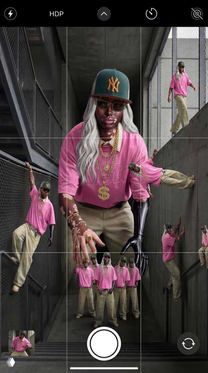 Кадр в интерфейсе фото: персонаж в розовой футболке и кепке, несколько уменьшенных версий на ступенях и площадках вокруг него.