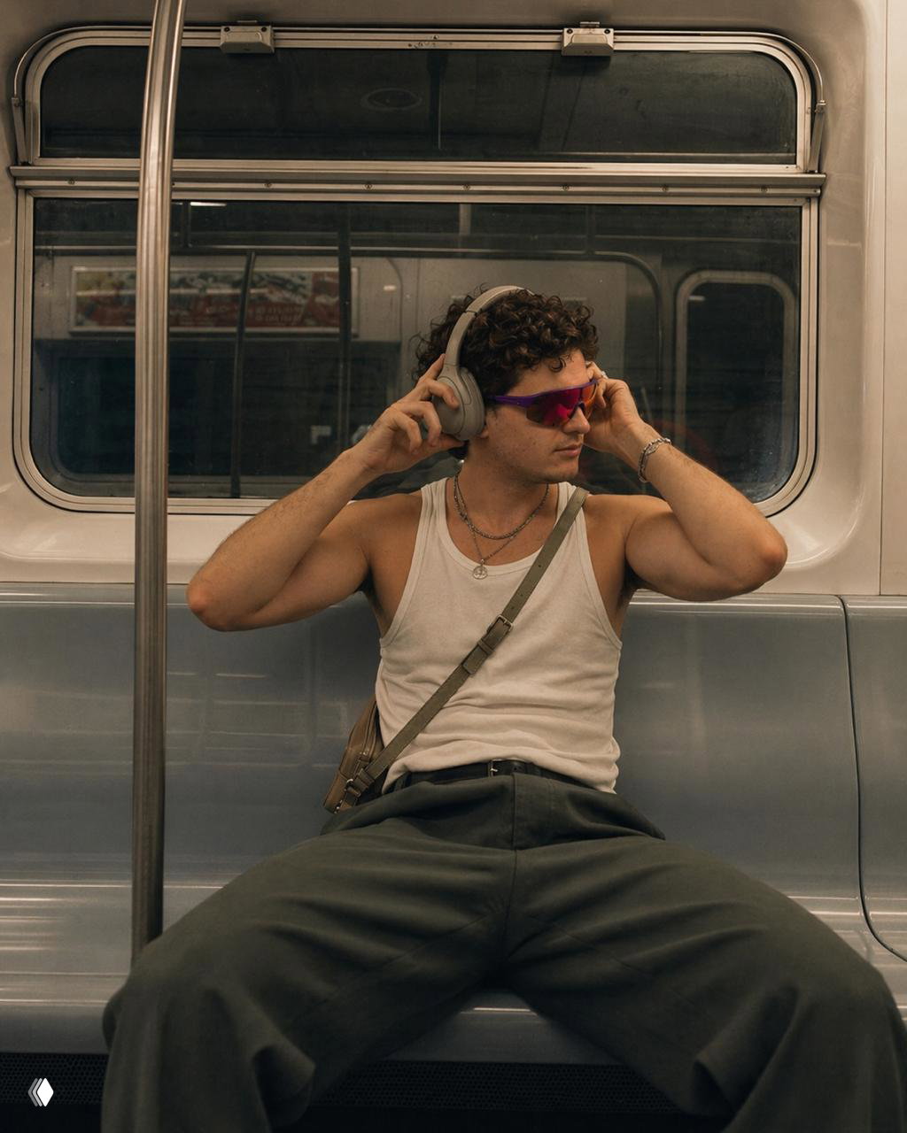 Парень в белой майке и наушниках сидит в вагоне метро, расслабленная кинематографичная поза, тёплая палитра и естественное окружение городской сцены.
