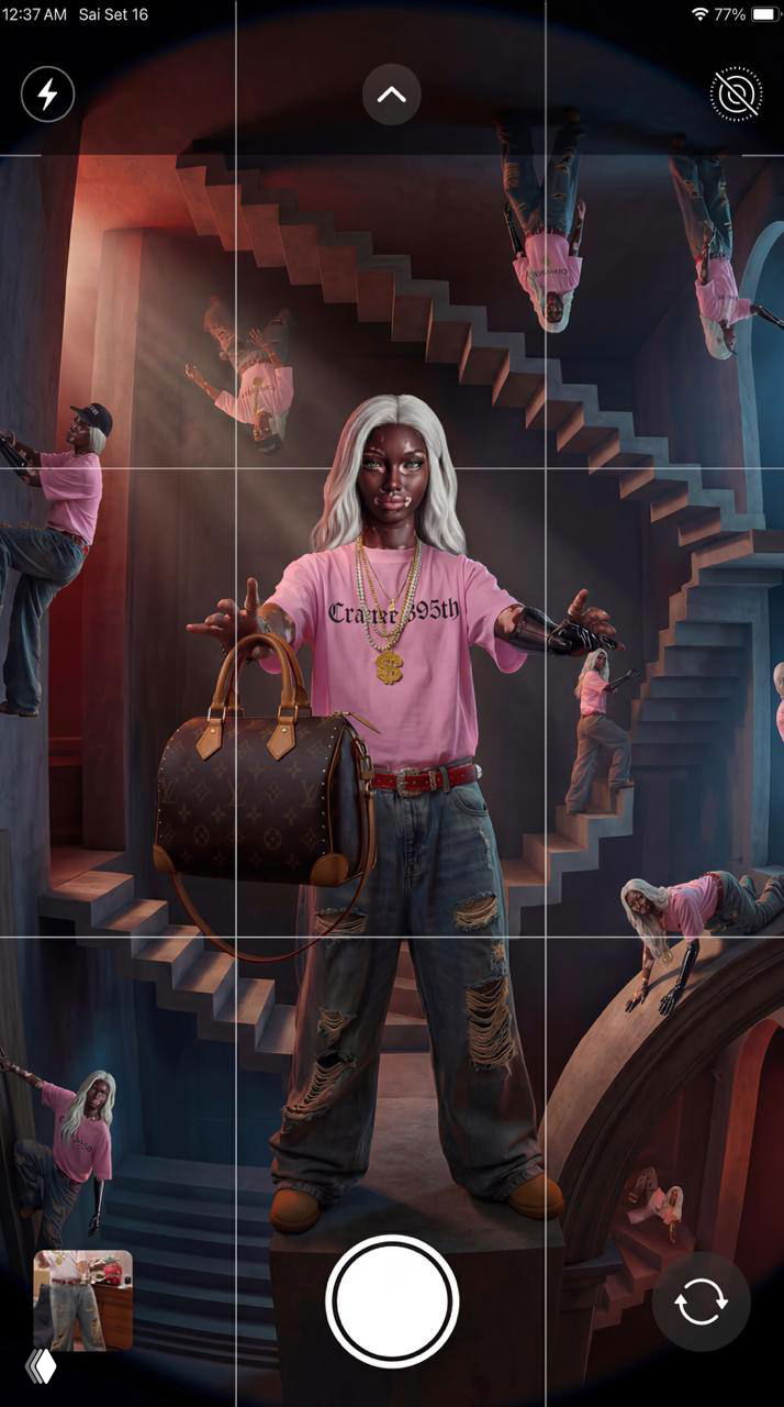 Интерфейс камеры на экране: персонаж с сумкой и множественными мини-копиями по ступеням, тёплая цветовая палитра и контрастные тени.