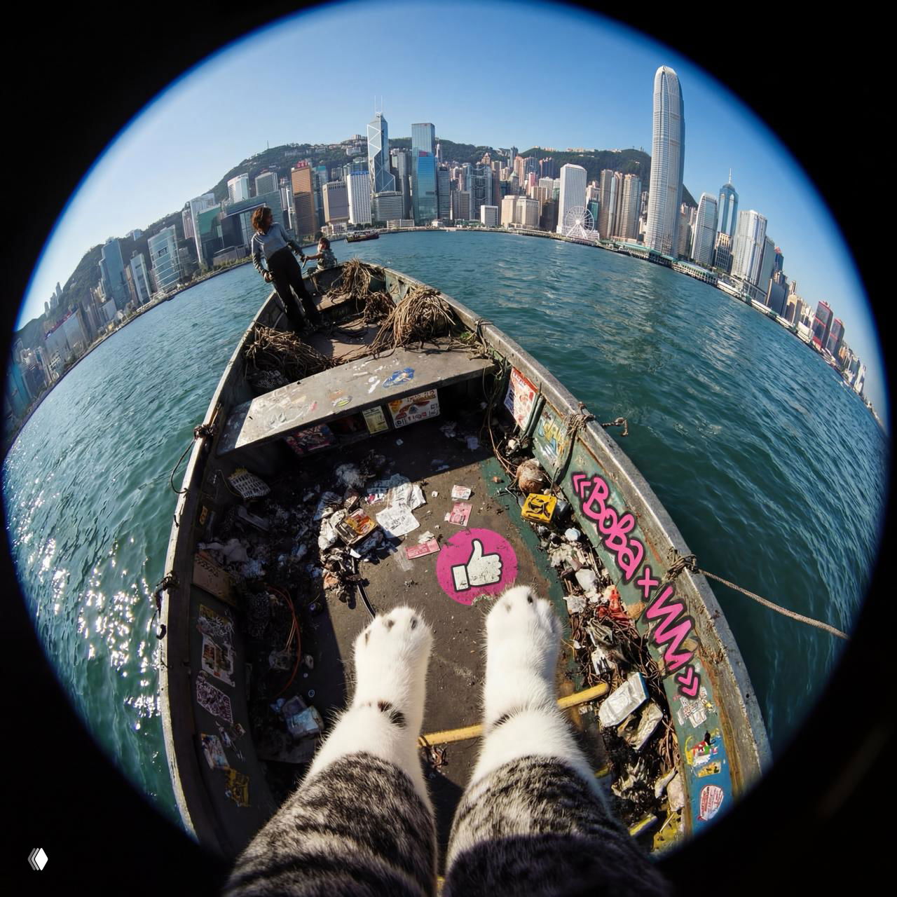 Две кошачьи лапки на палубе лодки, впереди водная поверхность и панорама небоскрёбов Гонконга, снимок с широкоугольным эффектом и уличной эстетикой.