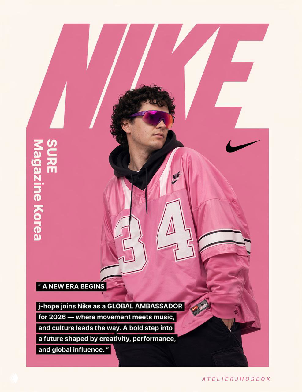 Рекламно-журнальная обложка в розовых тонах: мужчина в спортивном розовом худи и ярких очках на фоне крупного логотипа NIKE и блоков текста, модный арт-дизайн.