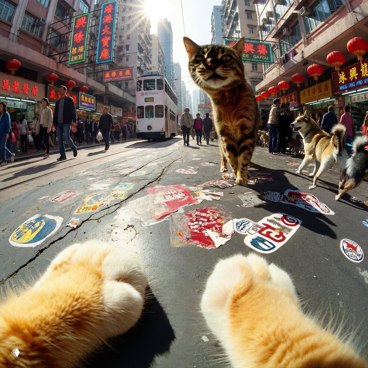 Уличная сцена Гонконга: крупная кошка идёт по тротуару среди прохожих и трамвая, внизу видны лапки автора — динамичная городская перспектива и неон.