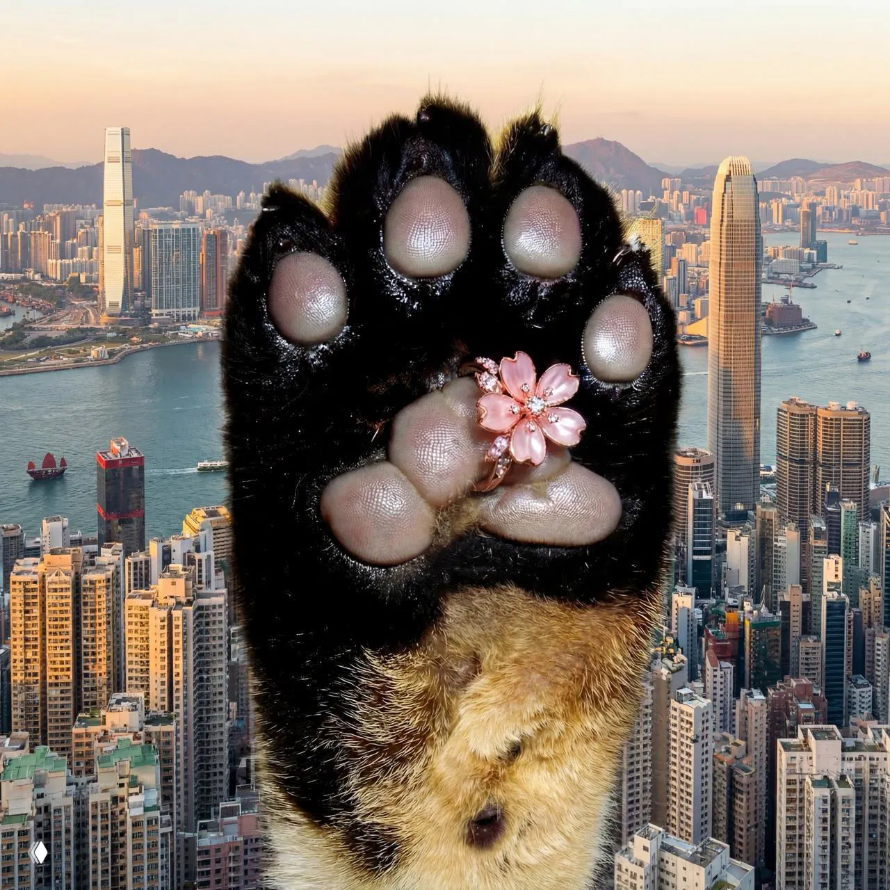 Чёрная кошачья лапа в очень крупном плане с кольцом в виде цветка, на заднем плане панорама Гонконга и высотные здания — сюрреалистичный контраст масштаба.