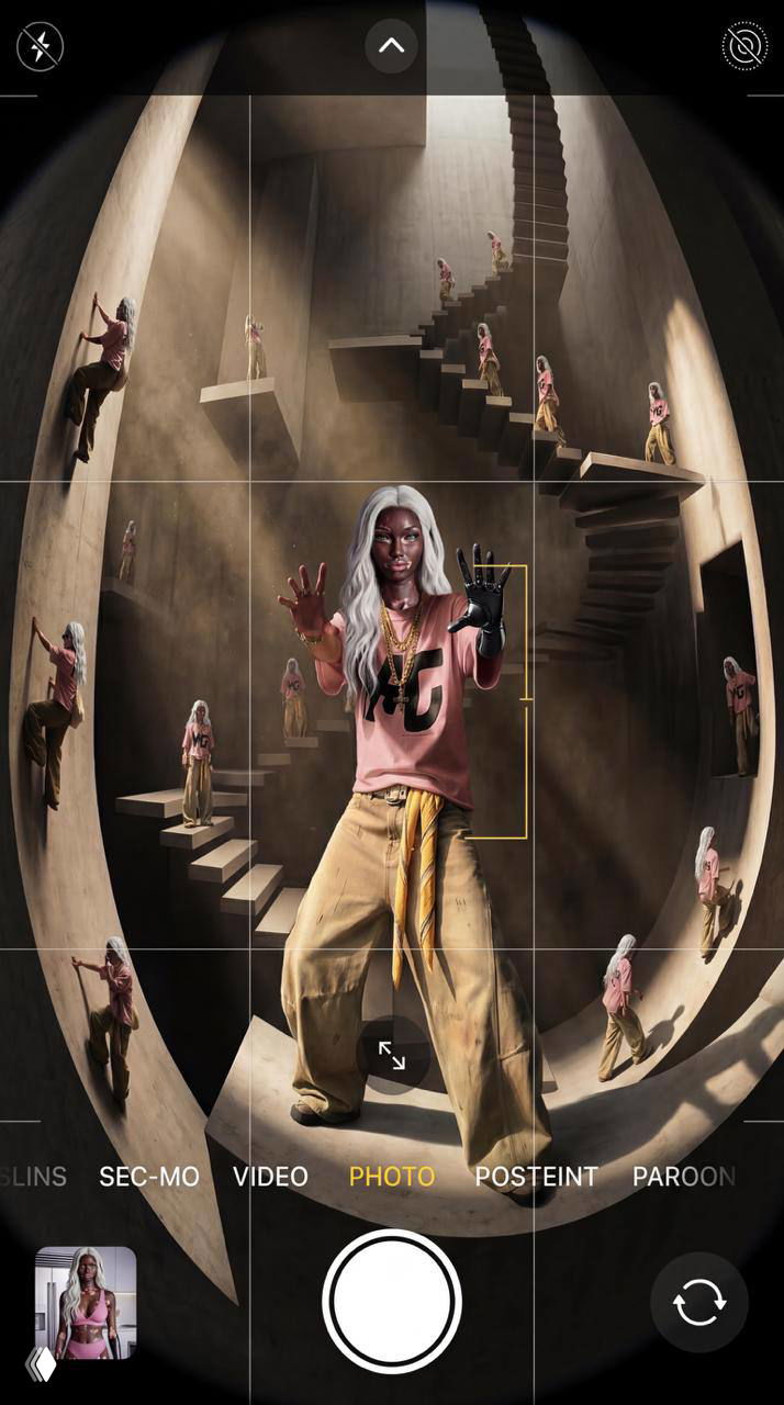 Круговой кадр с центральным персонажем и множеством уменьшенных версий по периметру, ощущение замкнутого пространства и фокус на руках героя.