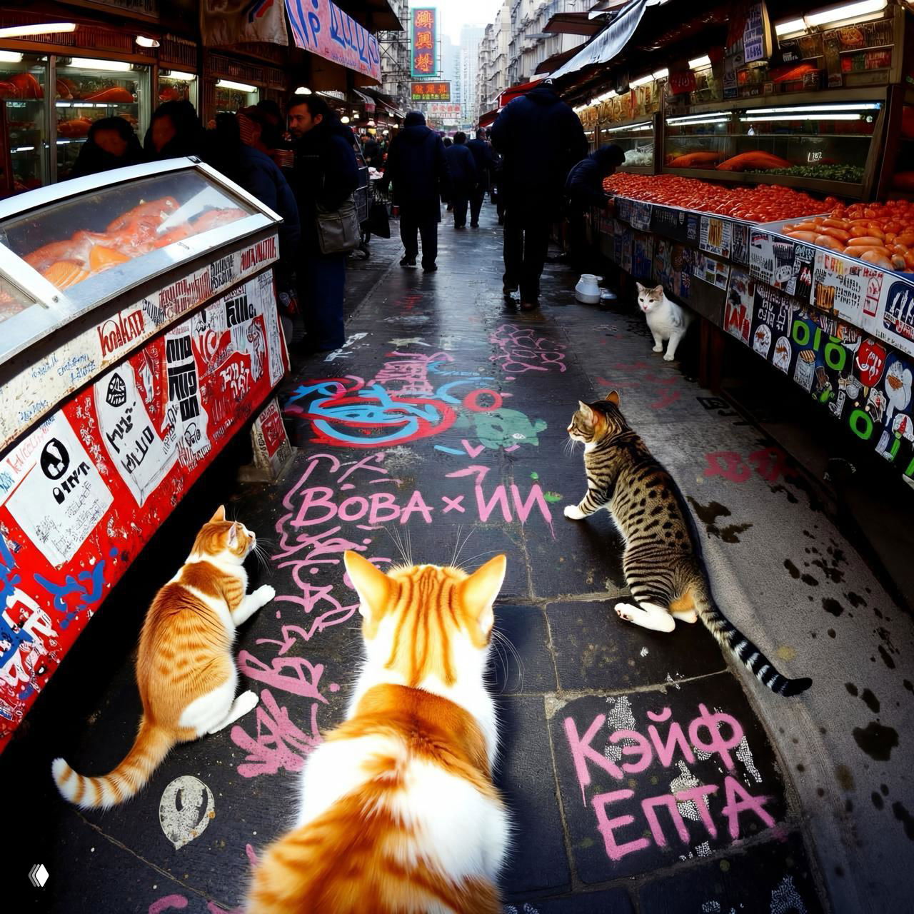Несколько котов на рынке Гонконга, вид от первой лапы автора внизу кадра; граффити и уличные наклейки создают насыщенный урбанистический сюжет.