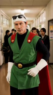 Человек в зелёном костюме и плаще в школьном коридоре — референс для интеграции нового персонажа в сцену с учётом позы и света.