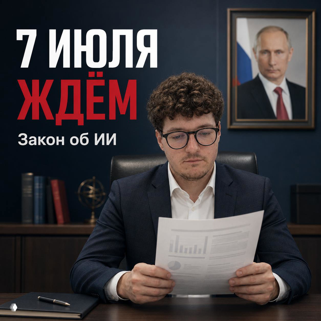 Мужчина в деловом костюме сидит за столом и читает документы с графиками; на стене позади — портрет в рамке и кабинетный интерьер.