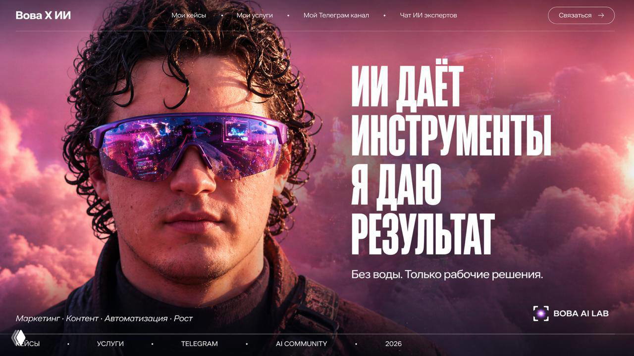 Веб‑шапка сайта с портретом в солнцезащитных очках и крупной типографикой «ИИ даёт инструменты — я даю результат», розово‑пурпурная гамма.
