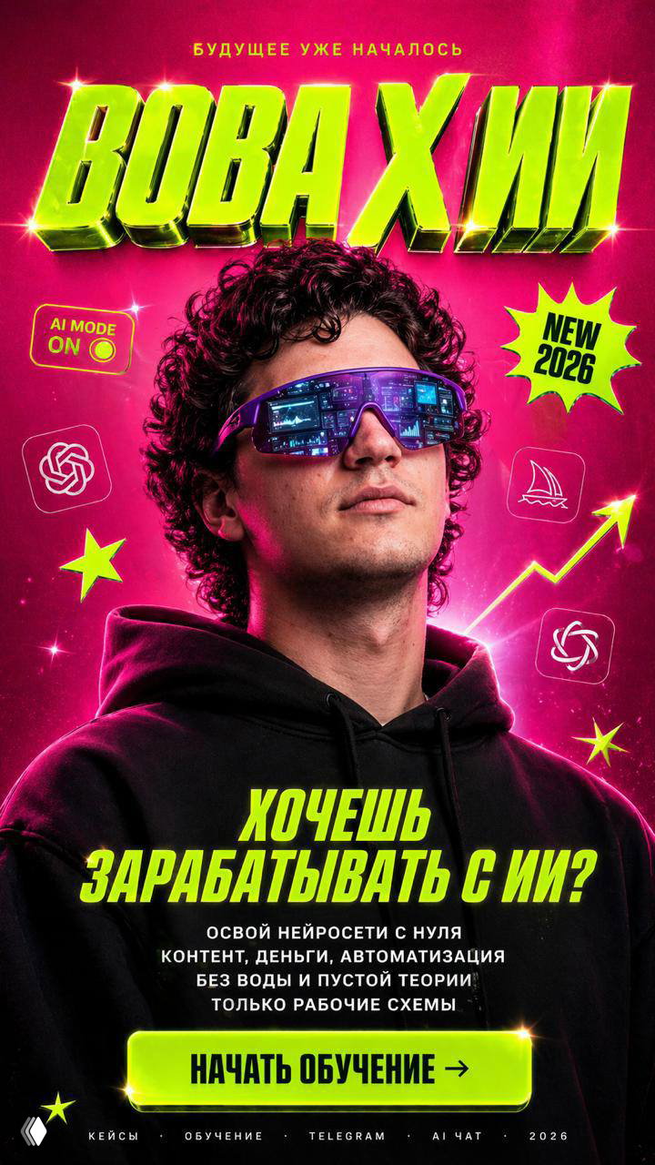 Яркий постер в неоновых цветах с текстом «Хочешь зарабатывать с ИИ?» и портретом молодого человека в очках, рекламный стиль 2026.