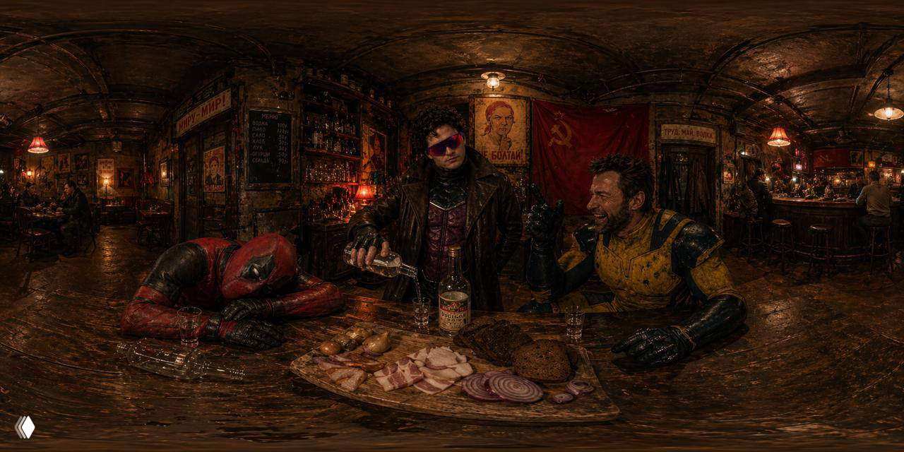 Полный equirectangular рендер бара с заметной текстурой пола и стен, светильниками и декором, готовый для просмотра на 360° плеере