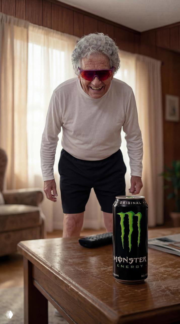 Кадр из ролика: улыбающийся пожилой мужчина в солнцезащитных очках стоит за столом, на котором крупно кадрирован баннер/банка Monster Energy.