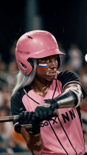 Игрок в бейсболе в розовом шлеме с небольшим рисунком флага на щеке — динамичный портретный AI‑креатив в спортивной стилистике.