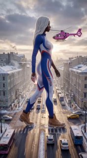 Фигура в супергеройском костюме идёт по заснеенному городу, на заднем плане небольшой вертолёт — кинематографический AI‑коллаж с градостроительным ракурсом.