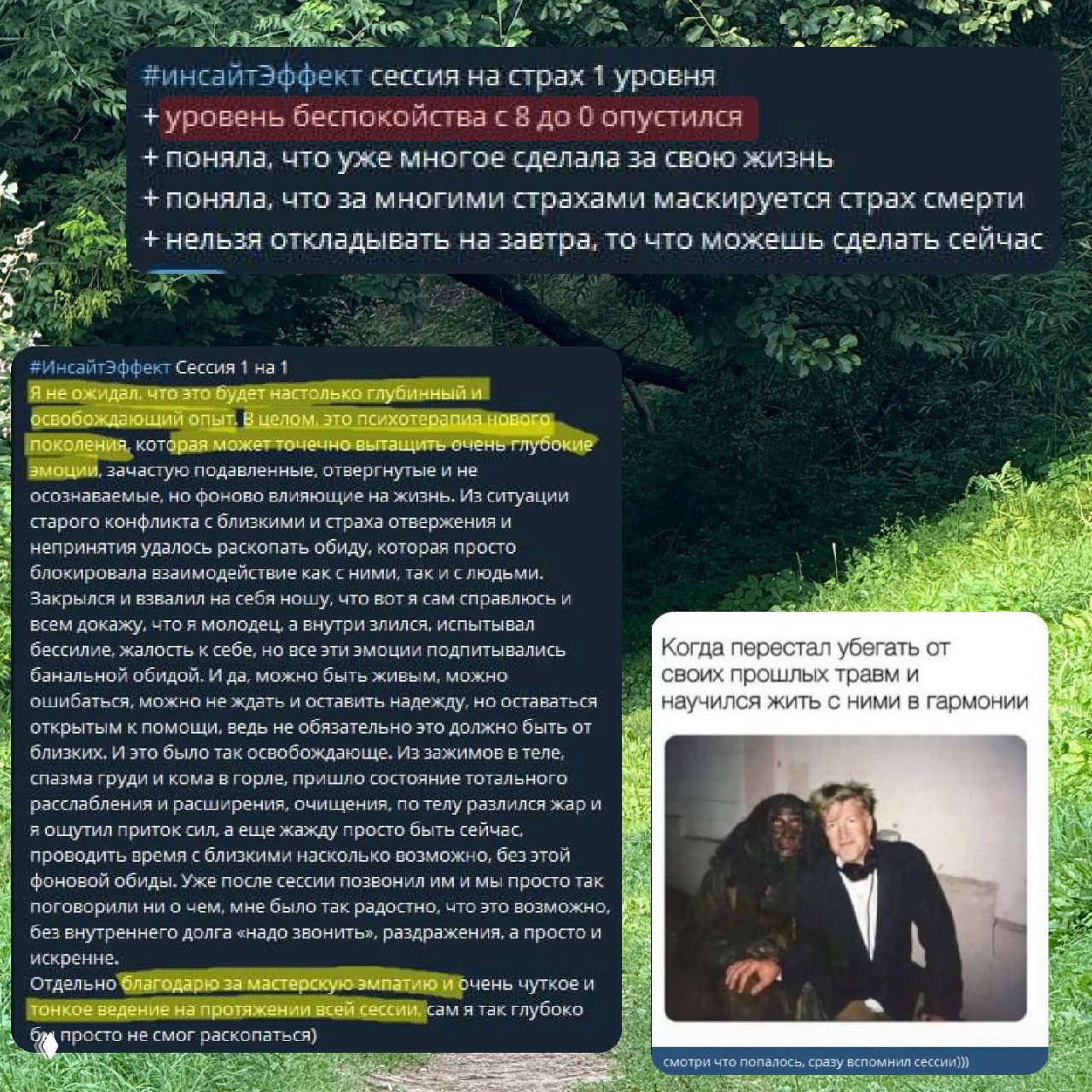 Скриншот разговоров и отзывов о сессии: человек делится глубоким переживанием, освобождением эмоций и эффектом психотерапии нового поколения.
