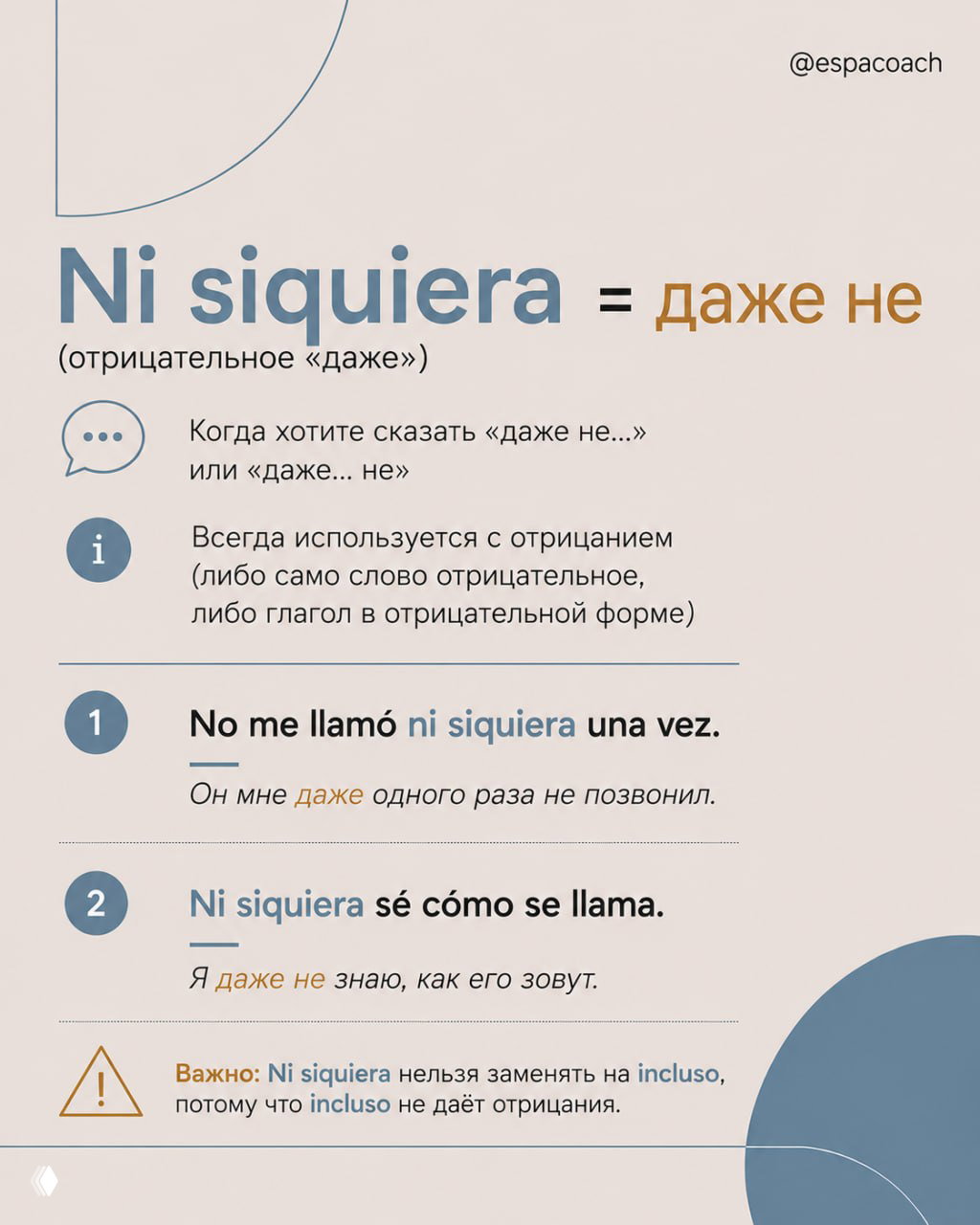 Слайд про Ni siquiera: заголовок Ni siquiera = даже не, объяснение использования с отрицанием и примеры на испанском с русским переводом.