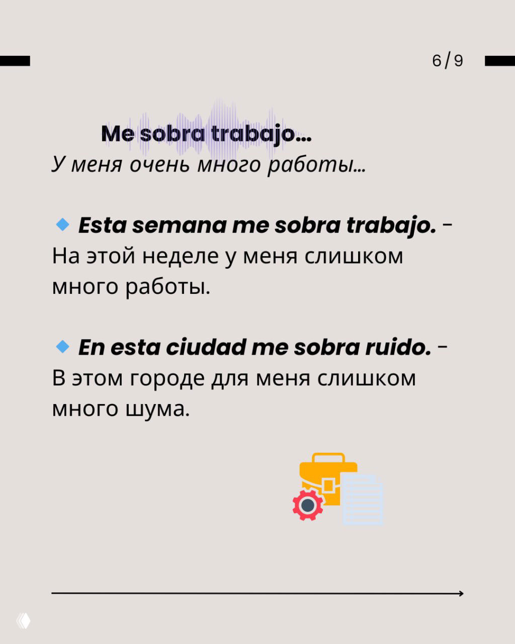 Слайд с «Me sobra trabajo» и русским переводом, примеры про слишком много работы и городской шум, плюс небольшие иконки рабочих предметов.