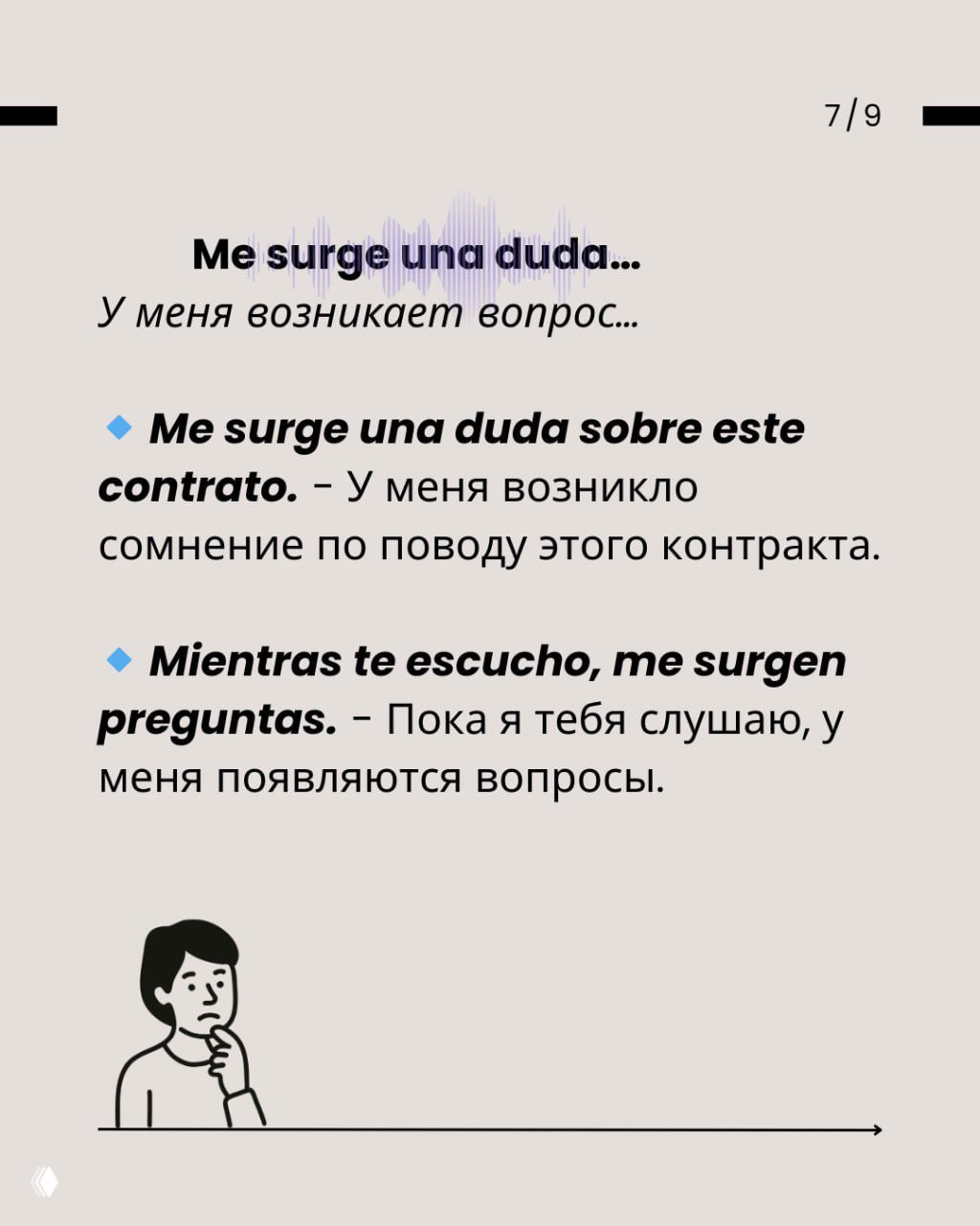 Слайд с «Me surge una duda» и поясняющим переводом, примеры предложений о возникших вопросах и контурная иллюстрация задумавшегося человека.