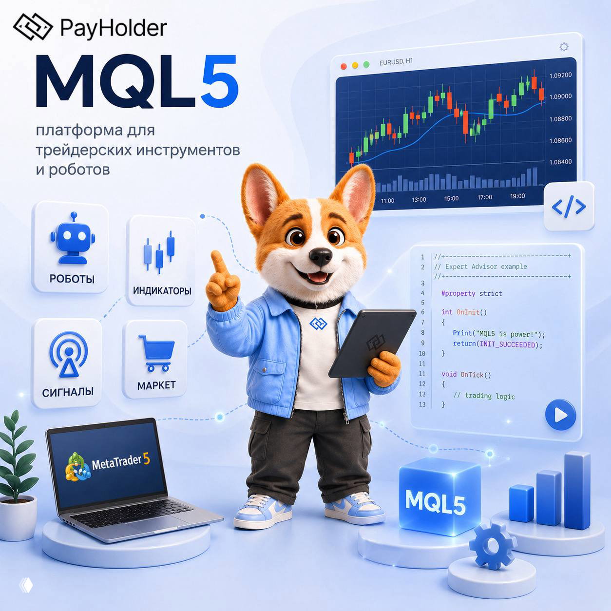 Иллюстрация MQL5: корги‑маскот с планшетом на фоне графика MetaTrader, вокруг — иконки роботов, индикаторов, сигналов и витрина маркетплейса.