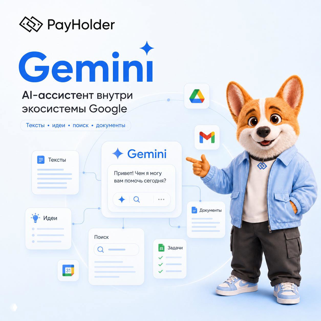 Иллюстрация PayHolder: логотип Gemini, иконки Gmail, Drive и Документы рядом с дружелюбным корги в куртке, указывающим на интерфейс и интеграции Google.
