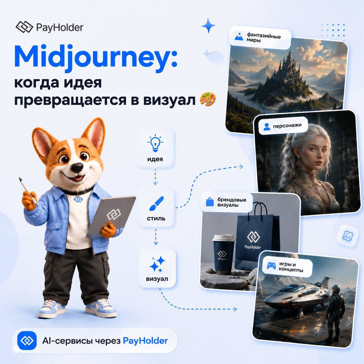 Корги PayHolder на фоне примеров Midjourney: фантазийный мир, персонаж, брендинговый визуал и сцена для игры.