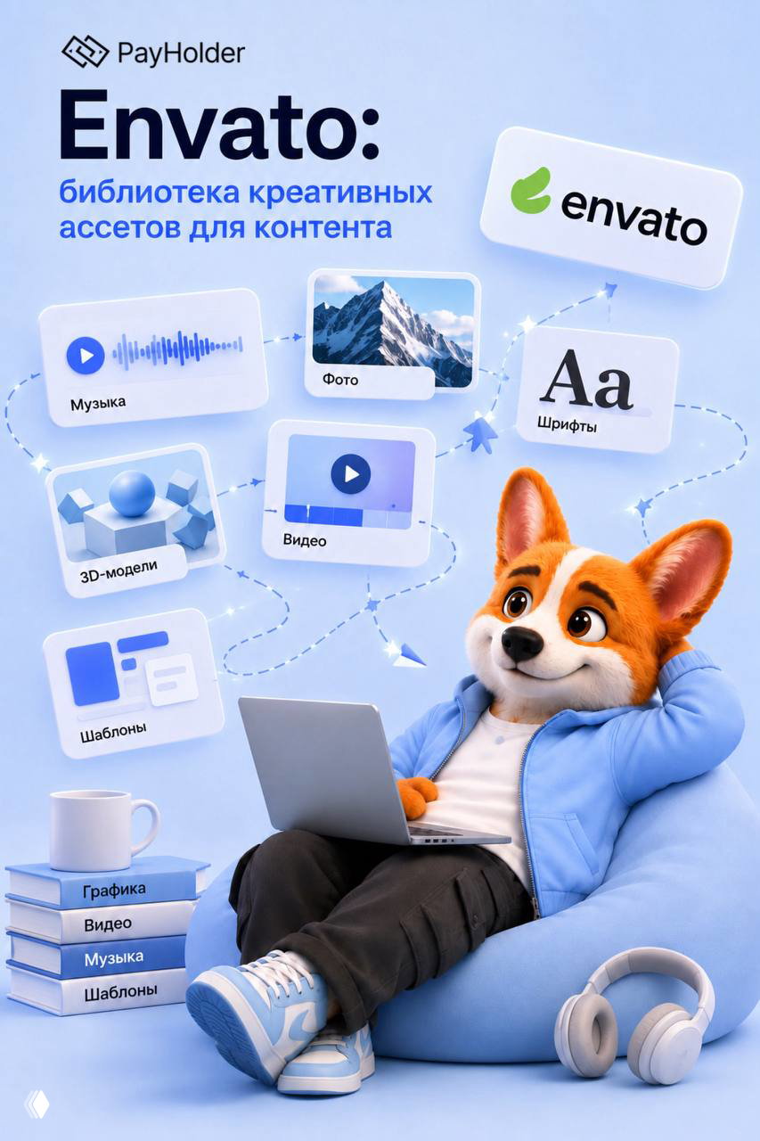 Промо-изображение: корги в кресле с ноутбуком, вокруг иконки Envato — музыка, видео, шрифты, графика и шаблоны на голубом фоне.