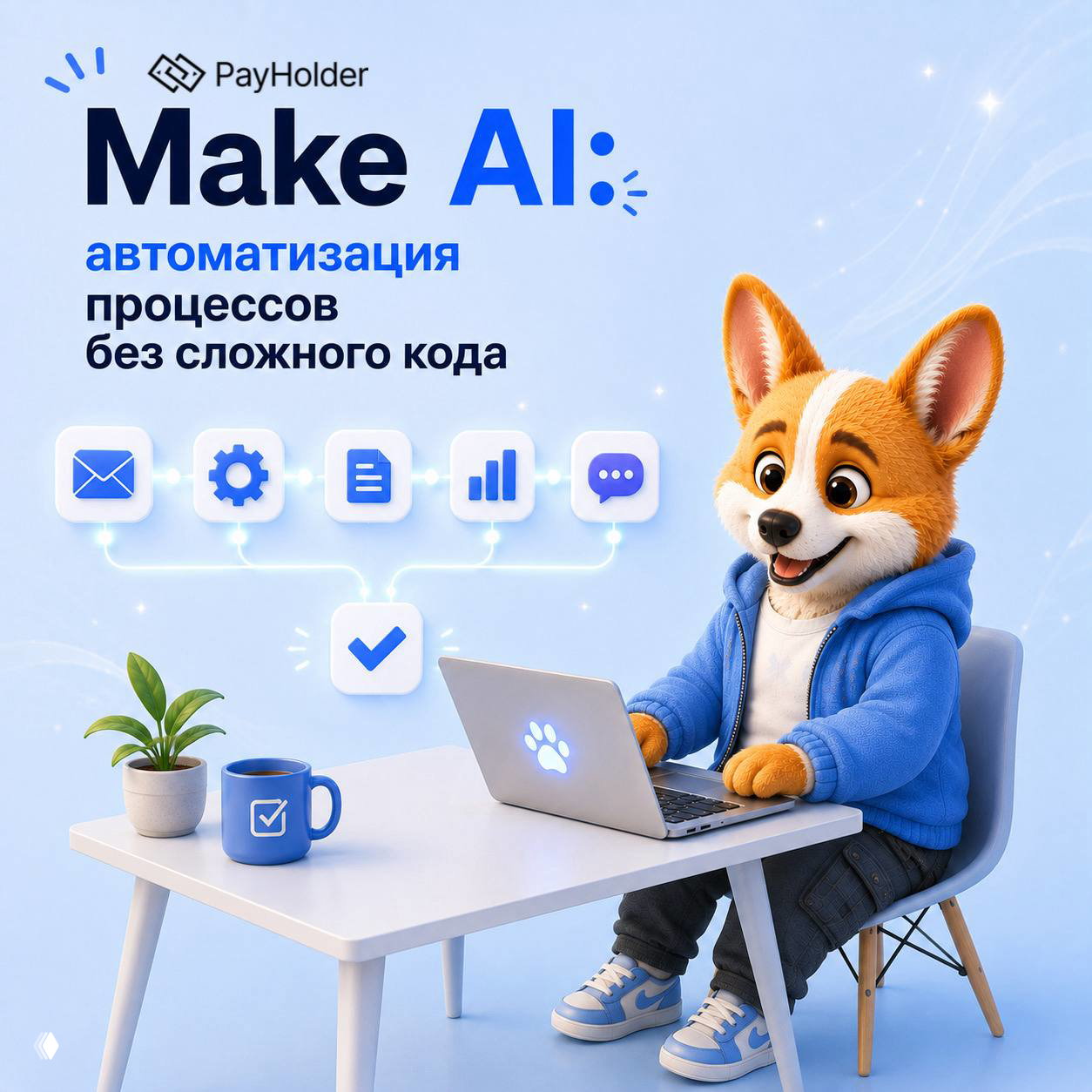 Мультяшный корги за ноутбуком на фоне иконок интеграций; визуализация Make AI — автоматизация процессов без кода.