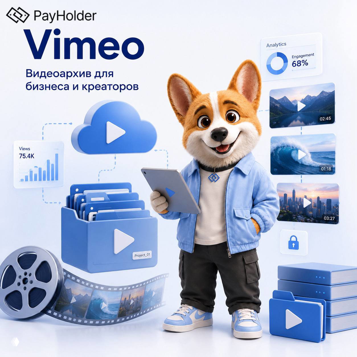 Логотип Vimeo и PayHolder, мультяшный корги с планшетом на фоне облачного архива, папок с видео и элементов аналитики.