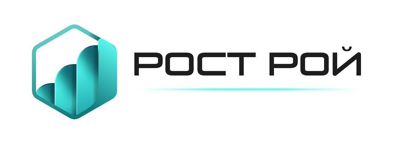 Логотип «РОСТ РОЙ» на светлом фоне с тонкой бирюзовой линией под текстом, шестиугольник и округлые графические столбцы, чёткий шрифт.