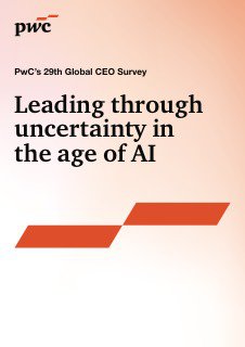 Обложка отчёта PwC Global CEO Survey 2026: бежево-красная графика и заголовок отчёта «Leading through uncertainty in the age of AI», иллюстрация к упоминанию исследования.