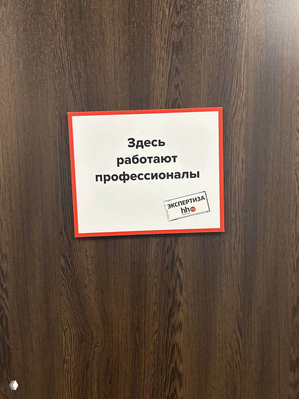 Фото таблички на деревянной двери с надписью «Здесь работают профессионалы» в офисной обстановке; видна текстура двери и печать hh.ru.