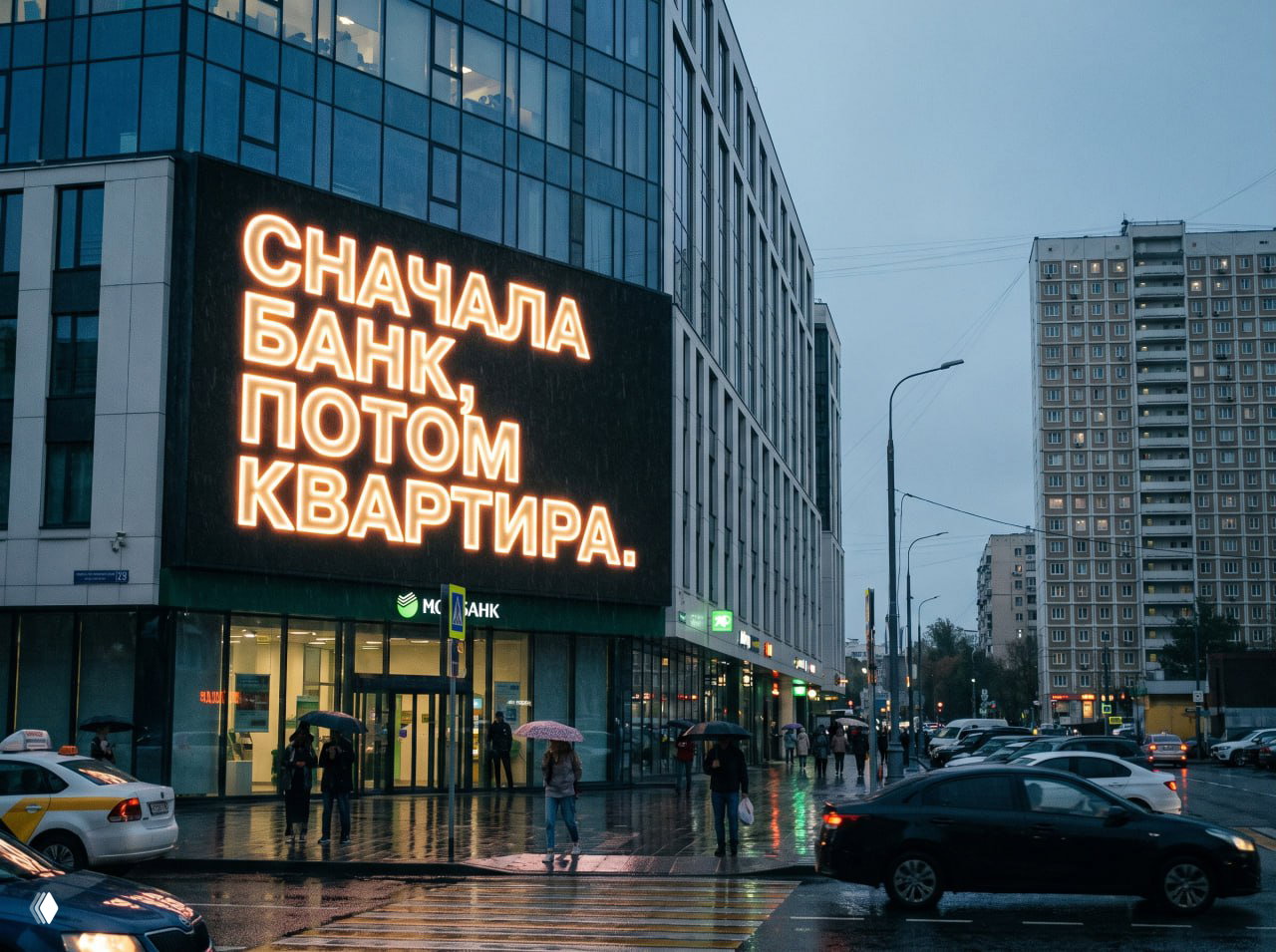 Дождливый городской перекрёсток у офисного здания банка: световой билборд «Сначала банк, потом квартира», люди с зонтиками.