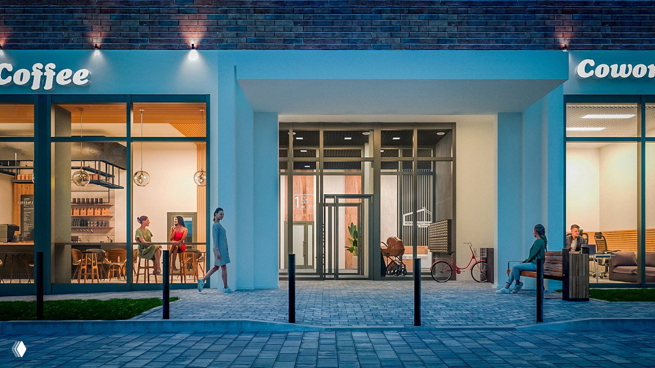 Визуализация входной группы жилого комплекса с витринами коммерческих площадей, скамейками и людьми на территории вечером