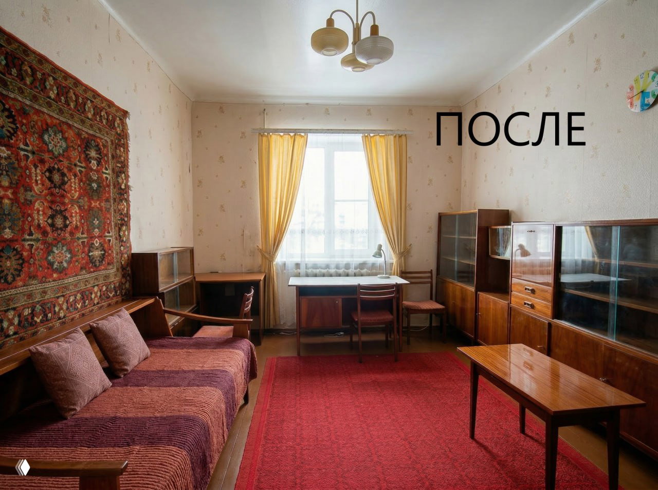 Фото «после»: та же комната после хоумстейджинга — убрано, добавлен свет, мебель аккуратно расставлена, на фото видна надпись «ПОСЛЕ».