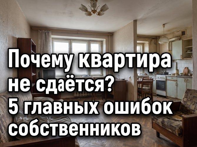 Интерьер изношенной квартиры с потертой мебелью, тёмными углами и захламлённой кухней — визуал для поста о проблемах сдачи жилья.