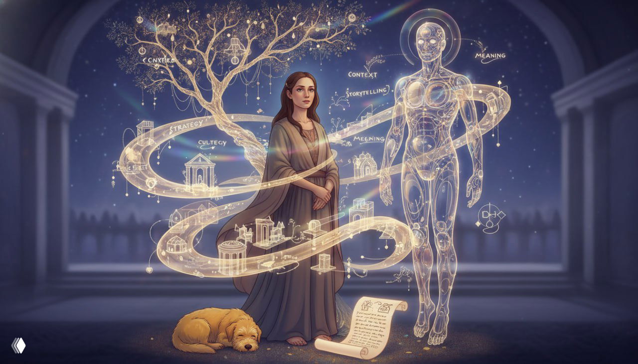 Портретная иллюстрация: женщина рядом с прозрачной фигурой-ИИ, элементы стратегии и домики вокруг; на переднем плане спящая собака как домашний акцент.