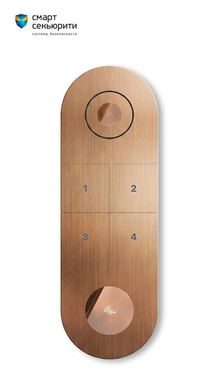 Фотореалистичный прямоугольный домофон с круглыми элементами, медная текстура и крупный круглый сенсор в верхней части.
