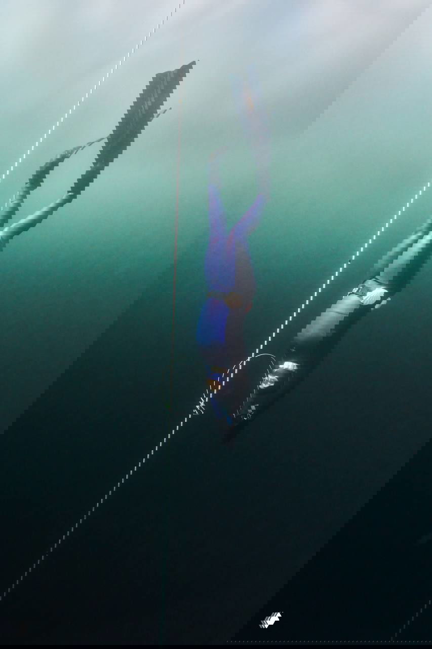 Длинный вертикальный кадр: фридайвер вниз головой следует по контрольному тросу в глубоких зелёных водах подо льдом, без лишних участников в кадре.