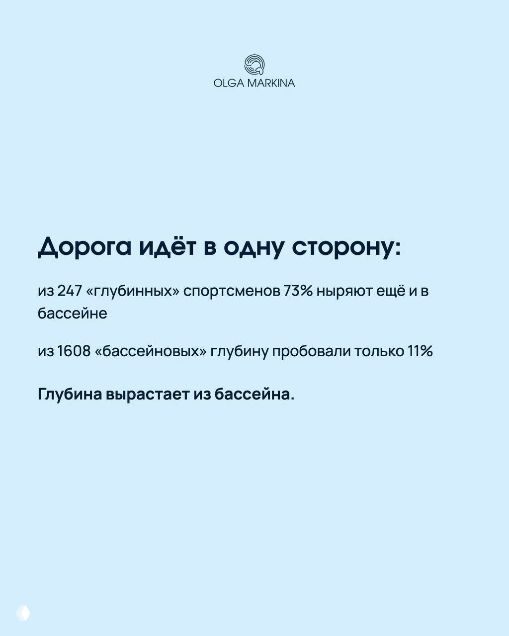 Светло-голубой слайд с выводом: из 247 «глубинных» 73% ныряют ещё и в бассейне, из 1608 бассейновых только 11 пробовали глубину.