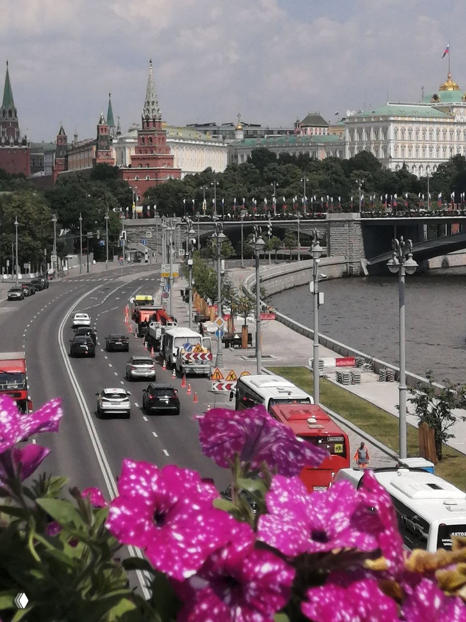 Яркие петунии на переднем плане, дальше видна Москва‑река, набережная и панорама Кремля с мостом — городской летний вид с цветами и архитектурой.