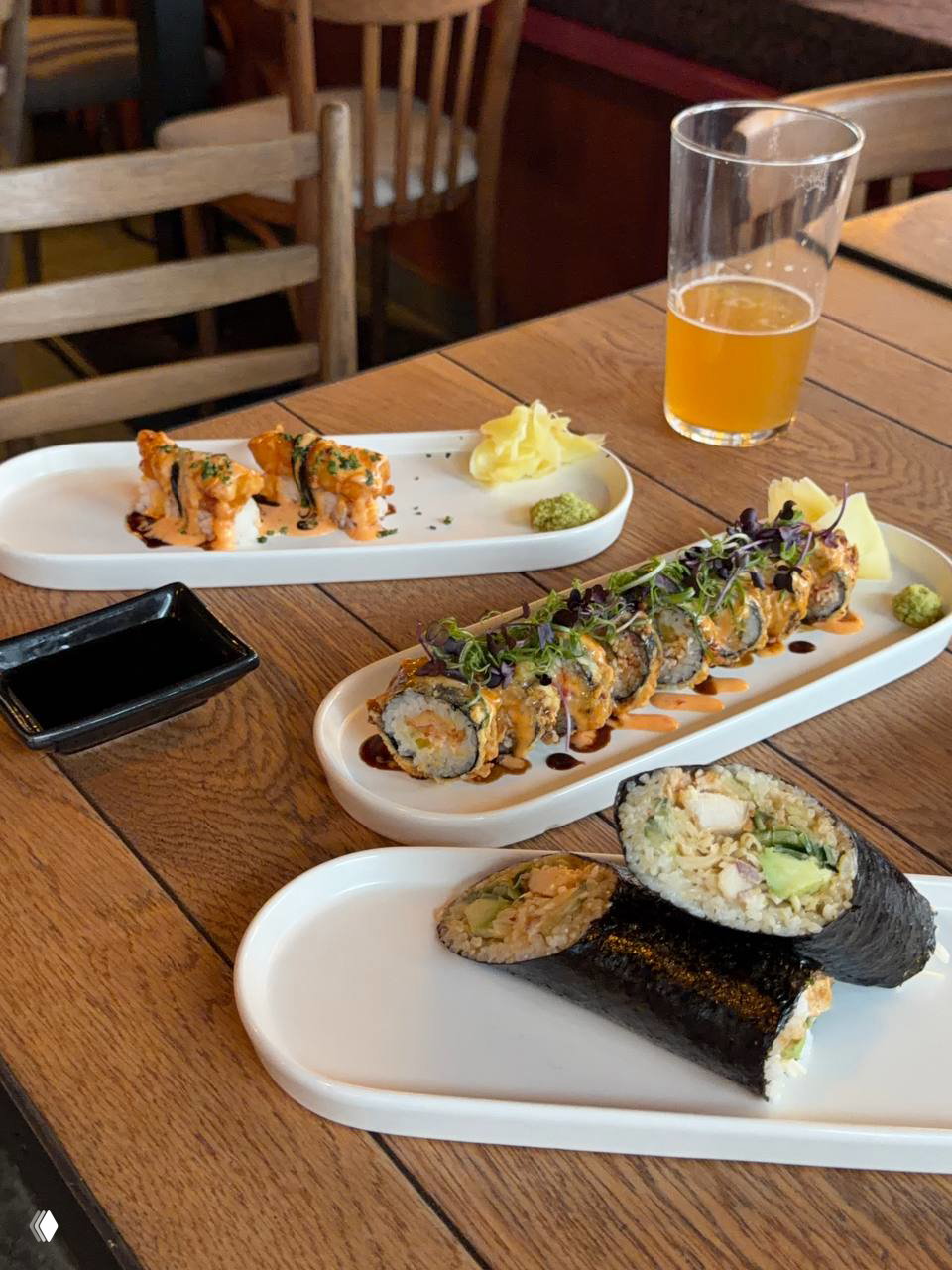 Подача роллов, сссурито и бокал пива на деревянном столе — аккуратные порции, соусы и атмосфера неформального ужина в OSSU