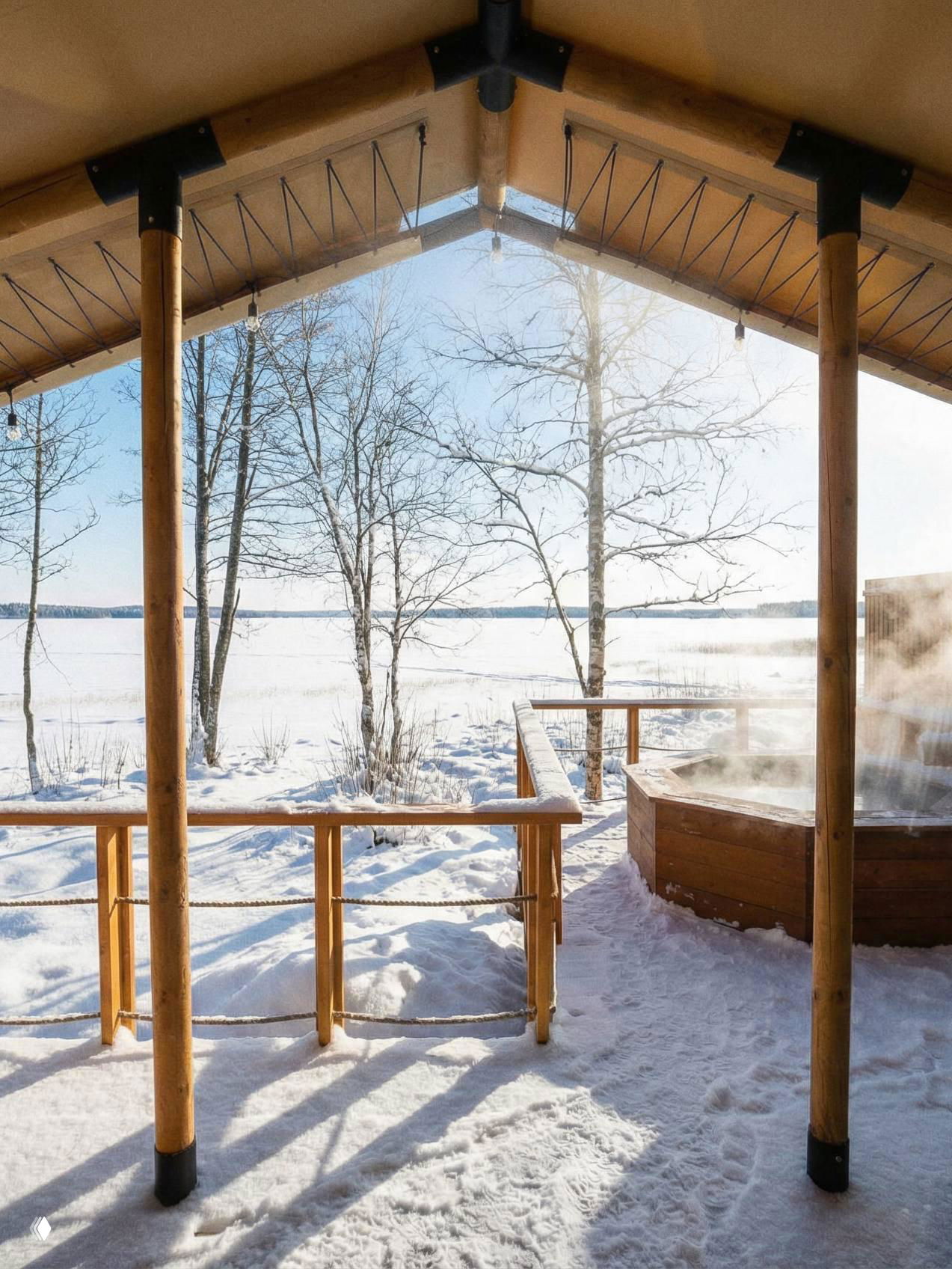 Терраса с деревянной перголой у озера и частично видна купель: снег вокруг, пар над водой и спокойный зимний пейзаж глэмпинга Lembo.