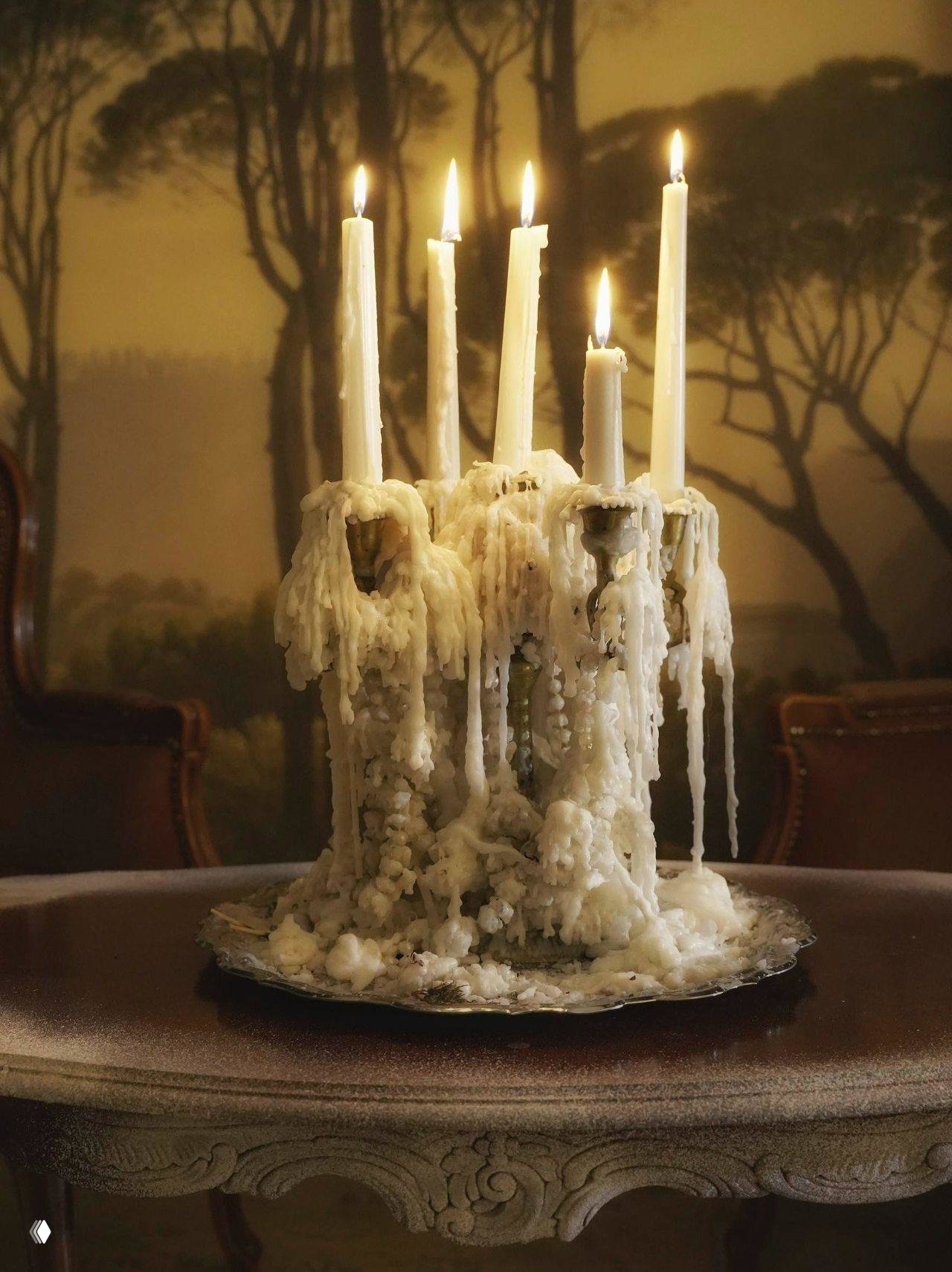 Высокие свечи с растекающимся воском на декоративном подсвечнике — крупный план винтажного декора внутри пространства.