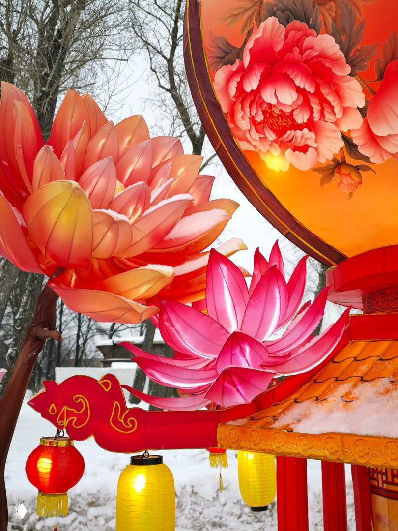 Дневной кадр с крупными красно-оранжевыми фонарями и декоративными цветами, заснеженные детали традиционных китайских инсталляций.